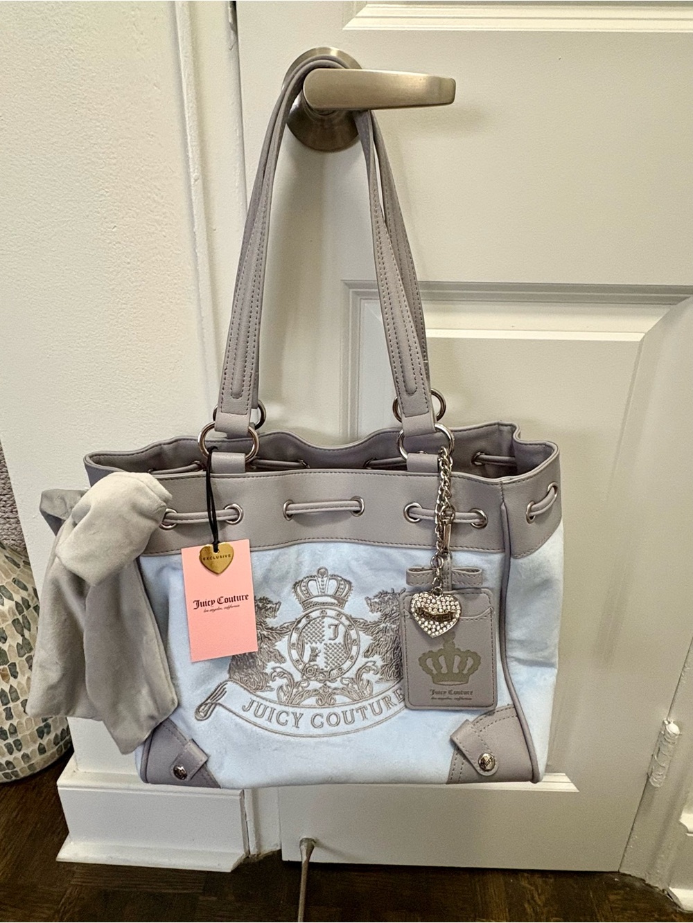 Juicy Couture Gray Embroidered Crest Tote with Charm